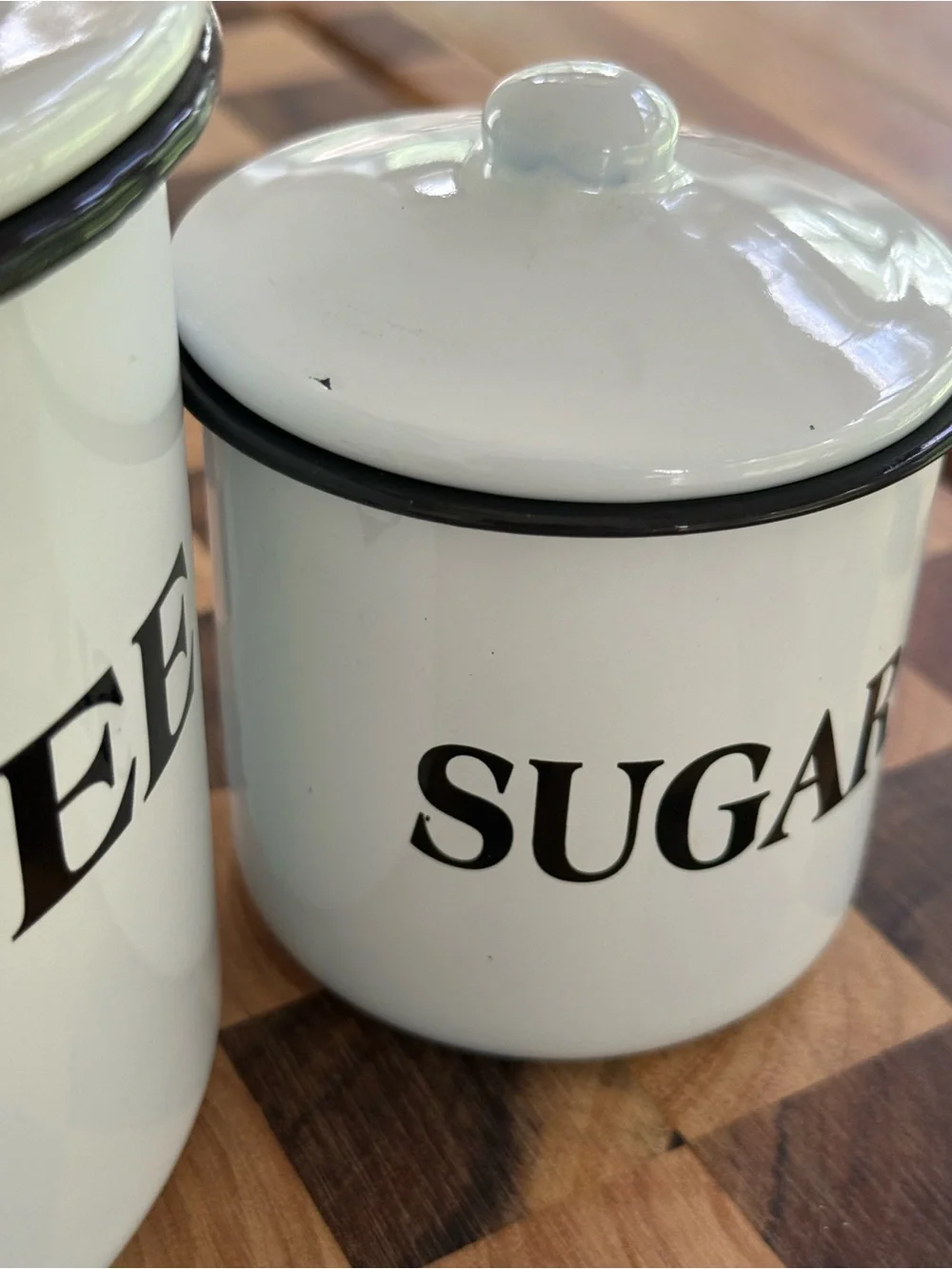 White and Black Enamel Coffee & Sugar Storage Canister Set